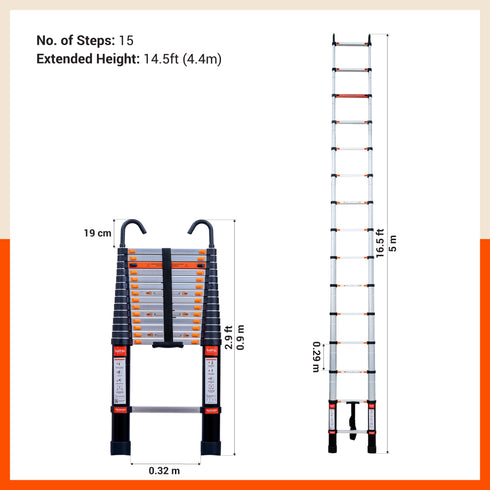 Bathla 14.5ft Aluminium Telescopic Ladder | 2-Year Manufacturer Warranty | Portable & Compact | Made in India (15 Step - 4.4 mtr)